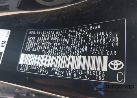 2022 Toyota Corolla Le from USA, damaged, VIN 5YFEPMAE8NP367700